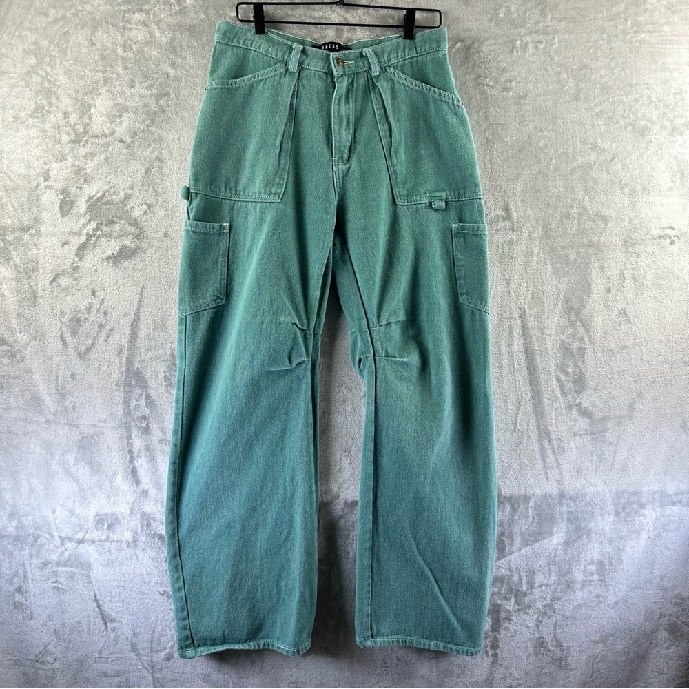 Lioness Jeans Women’s M Green Denim 100% Cotton Cargo Pockets Baggy Wide Leg